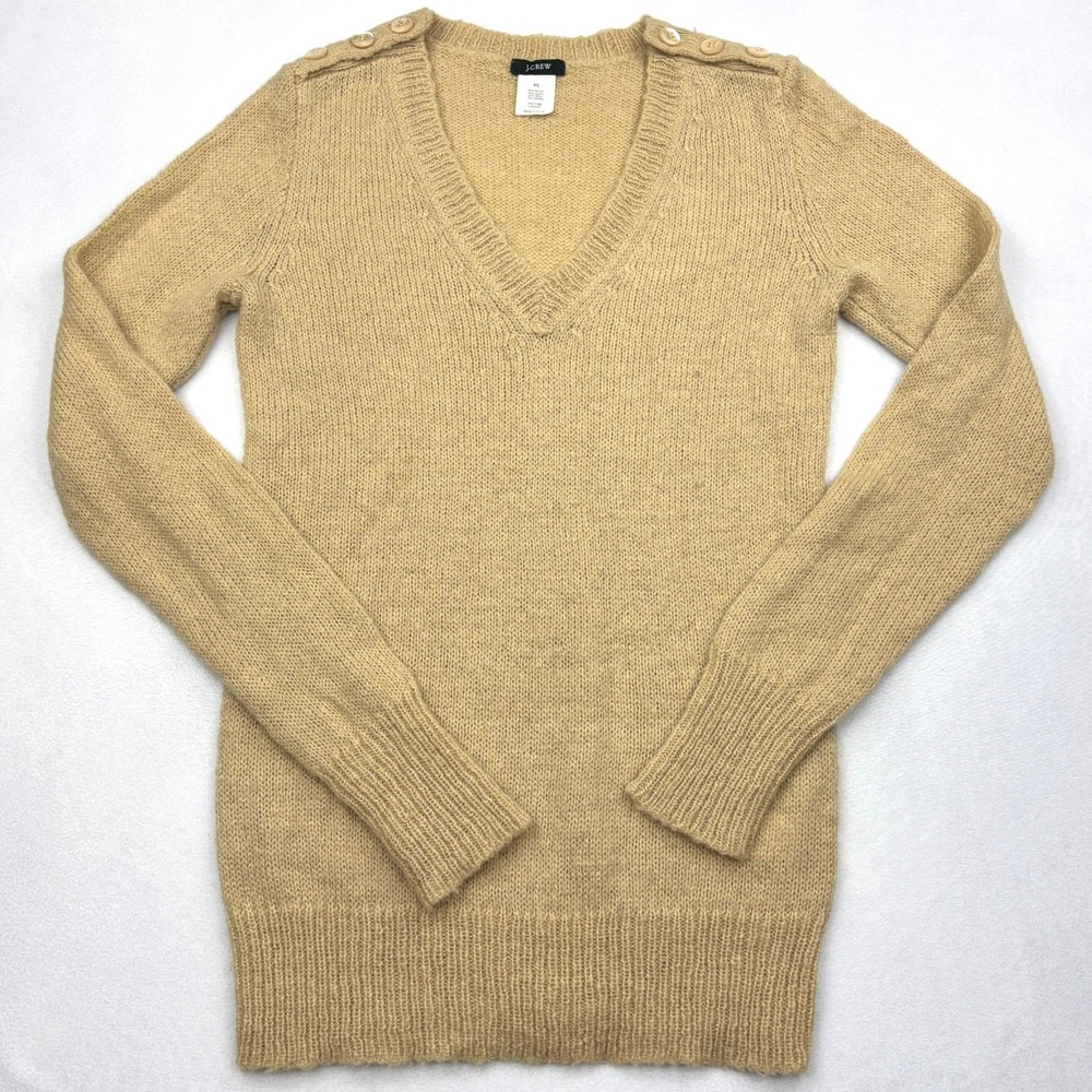 JCrew Womens XS Camel Tan Mohair Wool Button Shoulder V Neck Pullover Sweater XS
